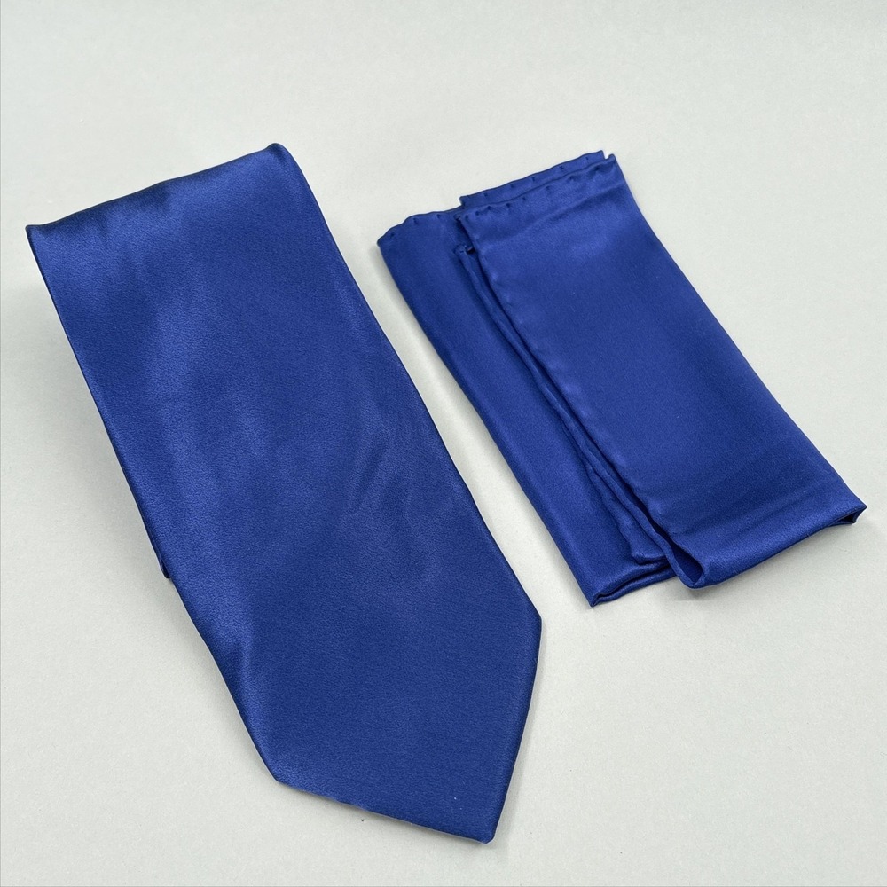 Brioni Silk Tie Pocket Square Set Blue Solid Handmade Italy Satin Luxury Classic